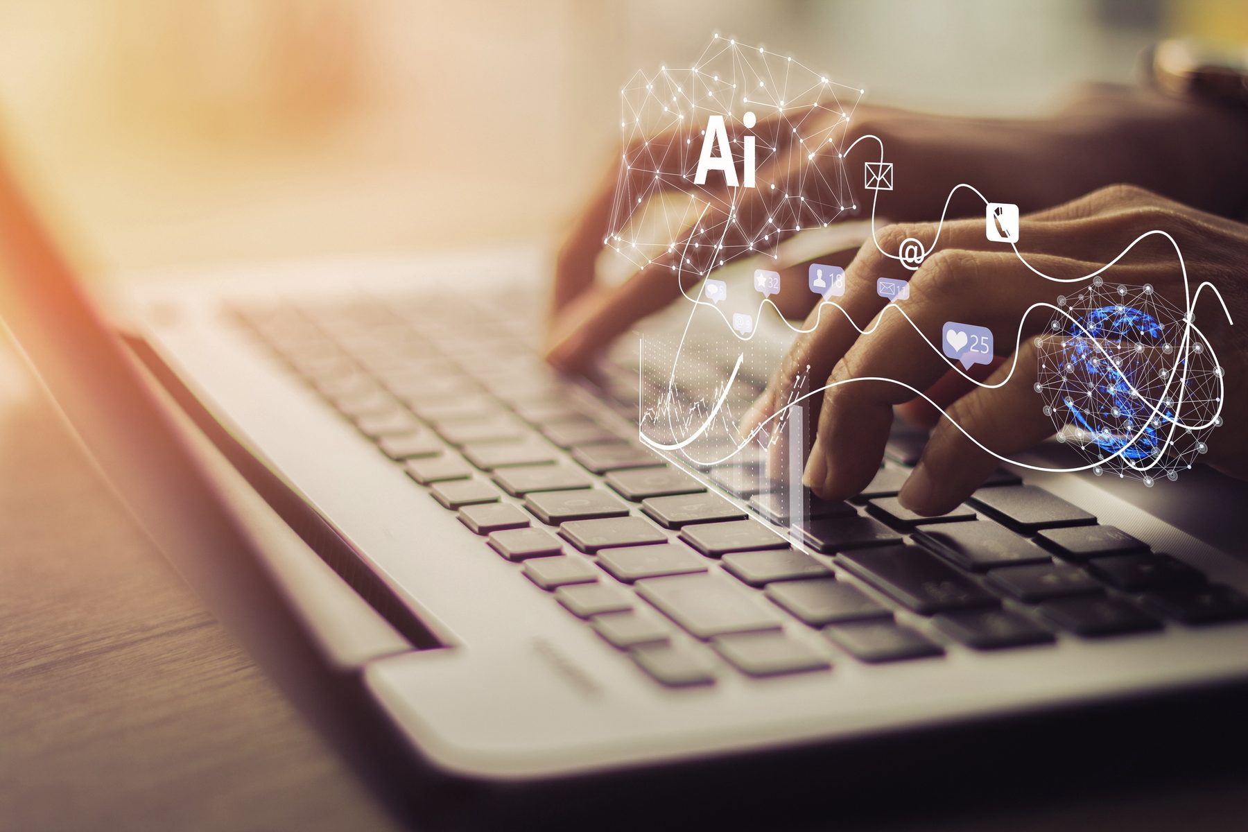 Hands typing on a notebook keyboard with connected digital services visualised above it.